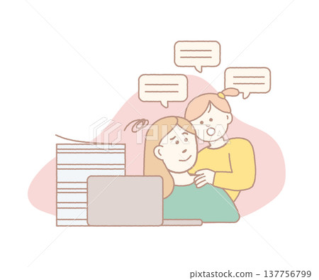 Working mom and talkative child at home Working mom and talkative child at home 137756799