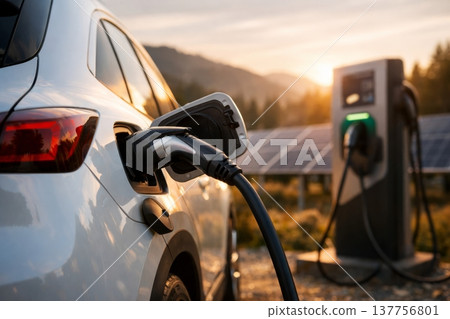Electric Car Charging at Solar Powered Station in Nature 137756801