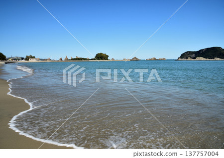 View of Hashigui-iwa rocks from Hashigui Beach [Kushimoto Town, Wakayama Prefecture] 137757004