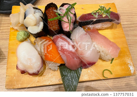 Assorted Japanese sushi set with tuna salmon octopus and scallop Assorted Japanese sushi set with tuna salmon octopus and scallop 137757031