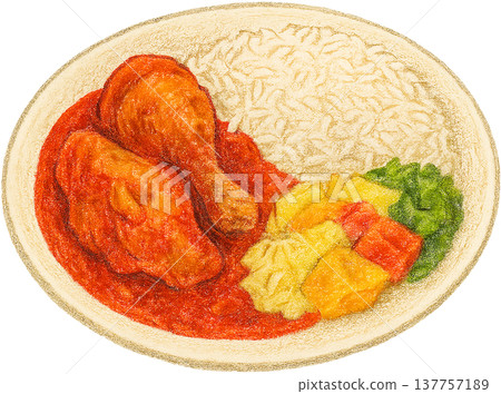 Hand drawn colored pencil Nigerian chicken stew illustration, African food, transparent background 137757189