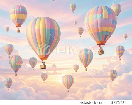 Colorful hot air balloons drift peacefully across a pastel sky filled with soft clouds, creating a whimsical and serene atmosphere. Colorful hot air balloons drift peacefully across a pastel sky filled with soft clouds, creating a whimsical and serene atmosphere. 137757253