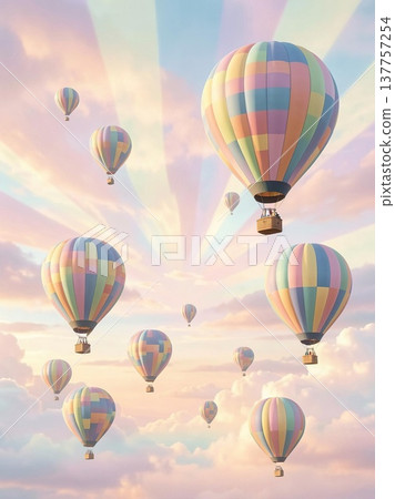 Colorful hot air balloons drift peacefully across a pastel sky filled with soft clouds, creating a whimsical and serene atmosphere. Colorful hot air balloons drift peacefully across a pastel sky filled with soft clouds, creating a whimsical and serene atmosphere. 137757254