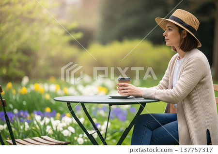 Solo Moment Coffee with Cup Spring Garden and Outdoor Cafe Solo Moment Coffee with Cup Spring Garden and Outdoor Cafe 137757317