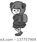 A monochrome illustration of a first-grade girl with a schoolbag on her back. 137757909