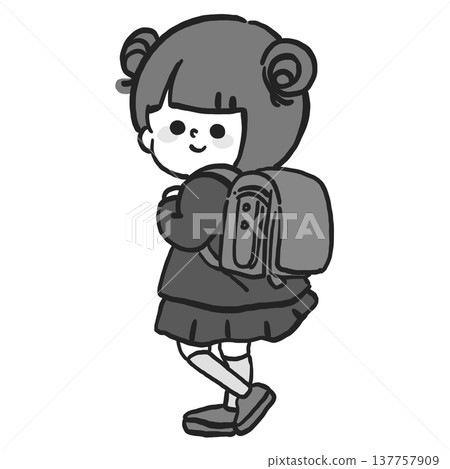 A monochrome illustration of a first-grade girl with a schoolbag on her back. 137757909