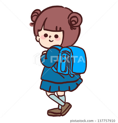 A color illustration of a first-grade girl with a schoolbag on her back. 137757910