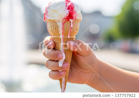 Ice Cream Melted During Cone Child Hand and Summer Hot Ice Cream Melted During Cone Child Hand and Summer Hot 137757922