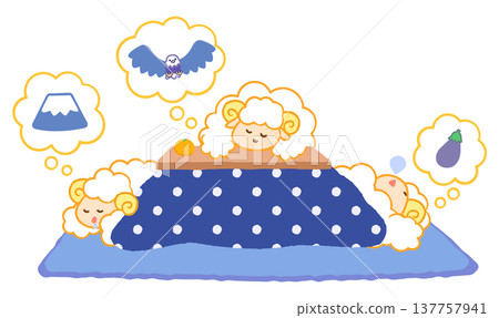 一幅插畫，描繪了三隻綿羊坐在暖桌（kotatsu）下做著新年第一個夢。畫面中出現了富士山、鷹和茄子這三個日本傳統象徵。暖桌呈現藍色波點圖案。向量圖。 137757941