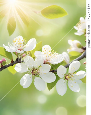 Spring blossom branch with white flowers and sunlight. Close-up of blooming tree branch with delicate blossoms and fresh green leaves in spring light. 137758136