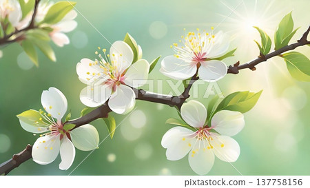 Spring blossom branch with white flowers and sunlight. Close-up of blooming tree branch with delicate blossoms and fresh green leaves in spring light. Spring blossom branch with white flowers and sunlight. Close-up of blooming tree branch with delicate blossoms and fresh green leaves in spring light. 137758156
