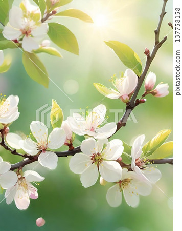 Spring blossom branch with white flowers and sunlight. Close-up of blooming tree branch with delicate blossoms and fresh green leaves in spring light. Spring blossom branch with white flowers and sunlight. Close-up of blooming tree branch with delicate blossoms and fresh green leaves in spring light. 137758158
