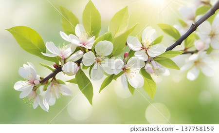 Spring blossom branch with white flowers and sunlight. Close-up of blooming tree branch with delicate blossoms and fresh green leaves in spring light. Spring blossom branch with white flowers and sunlight. Close-up of blooming tree branch with delicate blossoms and fresh green leaves in spring light. 137758159