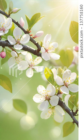 Spring blossom branch with white flowers and sunlight. Close-up of blooming tree branch with delicate blossoms and fresh green leaves in spring light. Spring blossom branch with white flowers and sunlight. Close-up of blooming tree branch with delicate blossoms and fresh green leaves in spring light. 137758160
