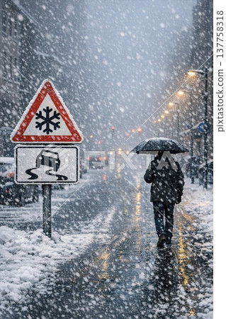 A person walks under snowfall with an umbrella on a snowy city street, illuminated by streetlights and icy road warning signs. A person walks under snowfall with an umbrella on a snowy city street, illuminated by streetlights and icy road warning signs. 137758318