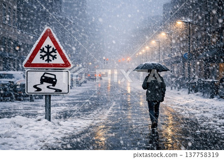 A person walks under snowfall with an umbrella on a snowy city street, illuminated by streetlights and icy road warning signs. A person walks under snowfall with an umbrella on a snowy city street, illuminated by streetlights and icy road warning signs. 137758319