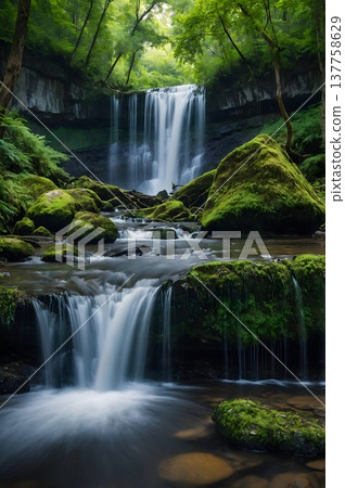 Waterfall flowing through mossy forest with reflection in stream 137758629