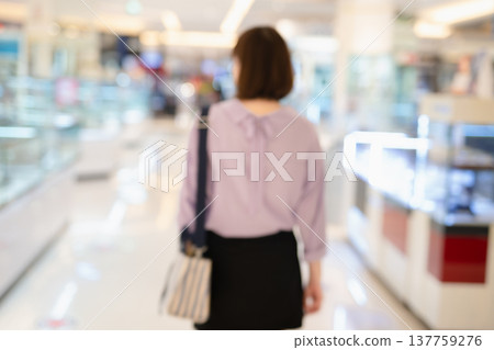 abstract blur backside of short hair asian woman shopping at mall during sale and discount with wear protective mask abstract blur backside of short hair asian woman shopping at mall during sale and discount with wear protective mask 137759276