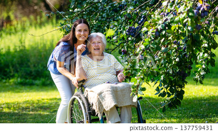 Home nurse taking care of elderly woman in wheelchair. Home nurse taking care of elderly woman in wheelchair. 137759431