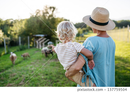 Mom and kid looking at animals at farm. 137759504