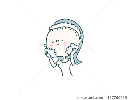 插圖描繪了一位女士使用大量泡沫進行無摩擦面部清潔（護膚）。 137760019