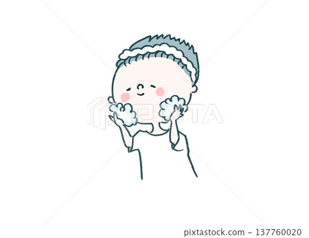 插圖展示了一位男士使用大量泡沫進行無摩擦潔面（男士護理） 137760020