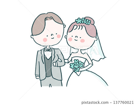 身穿婚紗和燕尾服的新郎新娘插圖（婚禮） 137760021