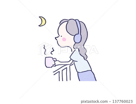 A woman chilling on her balcony at night, listening to music and enjoying a warm drink. A woman chilling on her balcony at night, listening to music and enjoying a warm drink. 137760023
