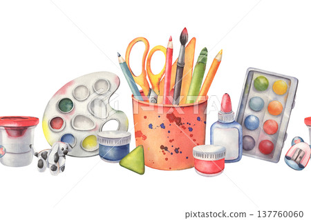 Cup, stationery, scissors, pencils, ruler, brush, eraser, paints, glue, sharpener, palette, clay dog, watercolor seamless border isolated on white for school branding, education materials, decor 137760060