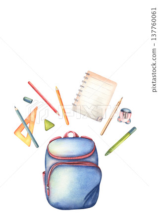 Blue backpack, pencils, ruler, eraser, felt-tip pen, notebook, sharpener. Hand-painted watercolor illustration isolated on white for back to school branding, education materials, posters, planners 137760061