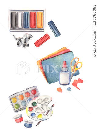 Hand-painted watercolor plasticine, glue, paper, scissors, paints, palette, art craft supplies, isolated on white. Perfect for advertising kids workshops, classes, studios, posters, DIY activities 137760062