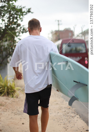 Surfer Walking Along Coast. Relaxed Surfer Dressed Casually Walking Toward Sea With Footprints And Wind Surfer Walking Along Coast. Relaxed Surfer Dressed Casually Walking Toward Sea With Footprints And Wind 137760302