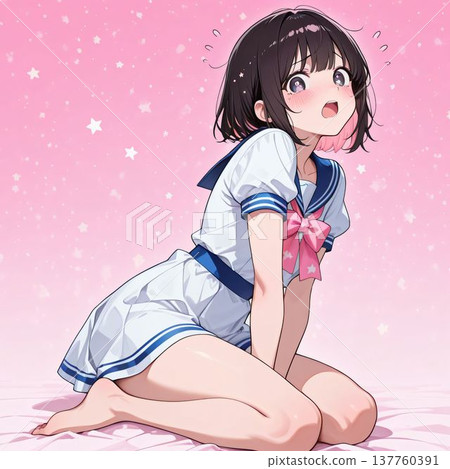 An illustration of a cute high school girl sitting down. 137760391