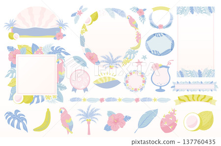可愛、扁平化的夏季熱帶邊框和背景，以樹葉、花朵、大海、芙蓉花等為特色。 137760435