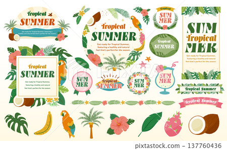 夏季熱帶邊框和背景素材套裝 - 扁平化設計 - 龜背竹、樹葉、香蕉葉、大海、旅行等。 夏季熱帶邊框和背景素材套裝 - 扁平化設計 - 龜背竹、樹葉、香蕉葉、大海、旅行等。 137760436
