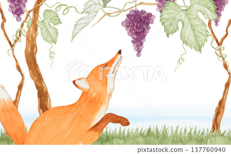伊索寓言第二版：狐狸與葡萄 - 水彩插畫 137760940