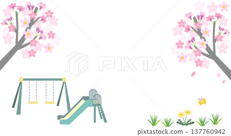 Spring frame background illustration material featuring cherry blossom trees and playground equipment. Spring frame background illustration material featuring cherry blossom trees and playground equipment. 137760942