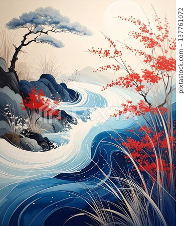 [AI-generated image] Kyoto Yuzen: The beauty of Japanese tradition showcased with flowing water patterns. 137761072