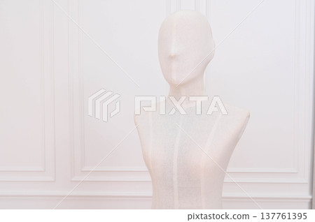 Anonymous white mannequin bust in minimal fashion boutique. elegant, faceless dummy form stands in clean studio room with classic molding for display or retail Anonymous white mannequin bust in minimal fashion boutique. elegant, faceless dummy form stands in clean studio room with classic molding for display or retail 137761395