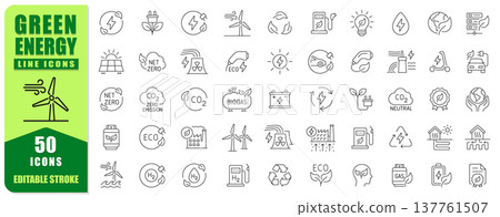 Green Energy Line Icon Set Featuring Modern Editable Stroke Symbols Of Renewable Power, Sustainability, Ecology, And Clean Technology. Perfect For Apps, Web, Infographics, Presentations, And Environme 137761507