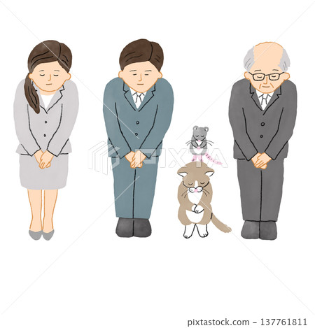 一組5張圖片，展示了一名女子和一名男子穿著西裝，恭敬地鞠躬。 137761811