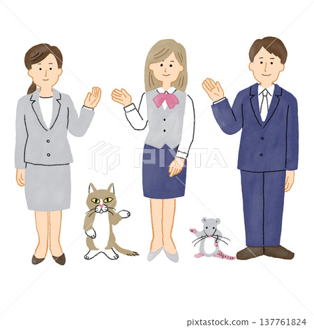 A set of 5 illustrations showing a woman and a man in uniform giving directions. A set of 5 illustrations showing a woman and a man in uniform giving directions. 137761824