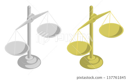 Isometric judge scales in balanced position with empty bowls. Isolated cartoon vector on white background top view Isometric judge scales in balanced position with empty bowls. Isolated cartoon vector on white background top view 137761845