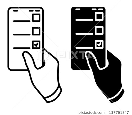Linear icon. Citizen makes a choice and votes by voting on website using a smartphone. Simple black and white vector symbol isolated on white background 137761847
