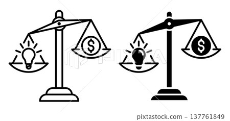 Linear icon. Value of intellectual property on the scales. Simple black and white vector symbol isolated on white background Linear icon. Value of intellectual property on the scales. Simple black and white vector symbol isolated on white background 137761849