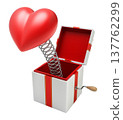 Jack in the box concept with a heart sign jumping out from a box - 3d illustration isolated isolated on white background 137762299