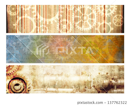 Horizontal banner with frame with vintage metal details, pipelines, gear, rivets on paper texture. Set of retro backdrop. Copy space for text. Can be used for steampunk, industrial, mechanical design 137762322