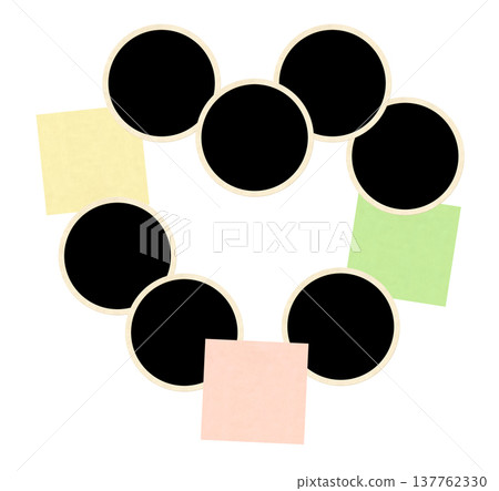 Template collage with round frame photos and stick notes on cork board. Moodboard pictures album grid for scrapbooking. Vintage style mood board layout. Isolated on white. Copy space for text 137762330