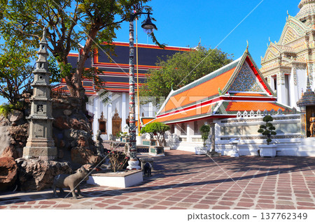 Entrance to Phra Mondop in Wat Pho (Temple of the Reclining Buddha, Wat Phra Chetuphon) complex, sightseeing landmark of Bangkok, Thailand. Topic of vacation, travel, trip, cruises, tour 137762349