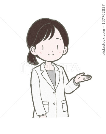 Hand-drawn illustration of a female medical professional in a white coat giving instructions 137762837